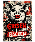 Illustration av en gris med lösögonfransar och röda läppar i rå street art-stil med texten Grisen i säcken.