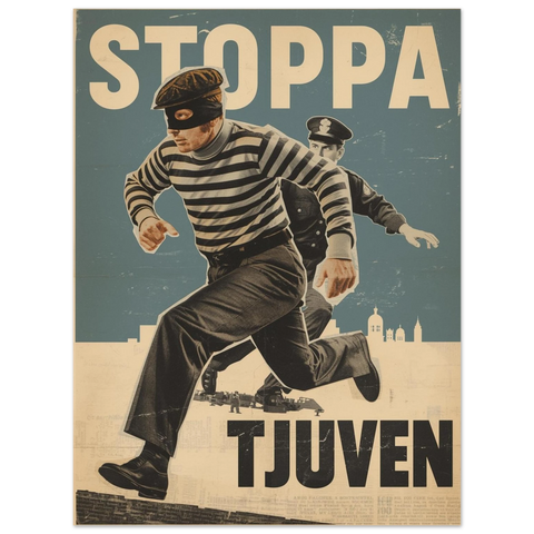 Kollageposter med en maskerad tjuv i randig tröja som flyr från en polis mot en blå bakgrund med texten Stoppa Tjuven.
