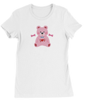 Rosa teddybjörn med blå fluga, "I ♥ U" och rosa rosetter på vit dam-t-shirt.