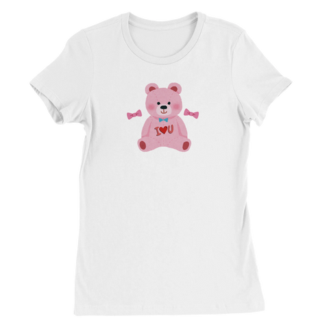 Rosa teddybjörn med blå fluga, "I ♥ U" och rosa rosetter på vit dam-t-shirt.