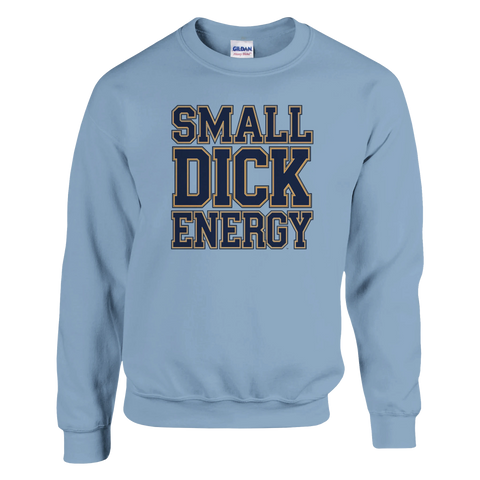 Ljusblå sweatshirt med satirisk typografi och kraftiga konturlinjer