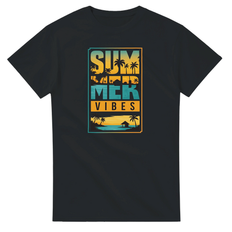 Svart t-shirt med grafiskt Summer Vibes motiv av palmer och strand