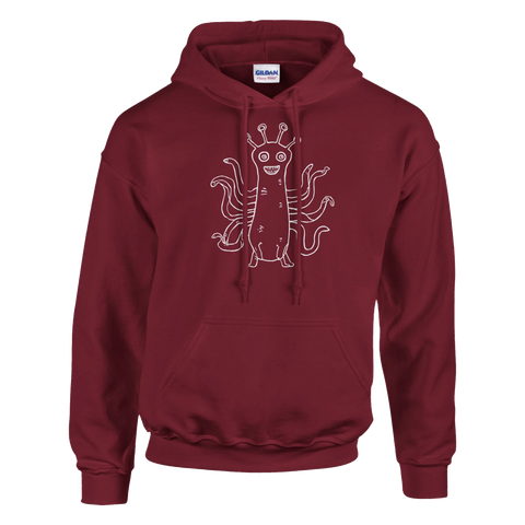 Mörk humoristisk varelse med många armar – grafiskt tryck på hoodie