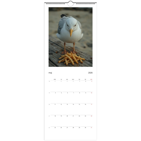 Arg mås med pommes frites på träbrygga, maj 2026 på väggkalender.
