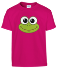 Kermit-ansikte med stora ögon och leende på fuchsia barn-t-shirt.