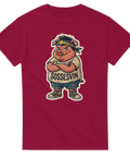 Kaxig cartoon-gris med Sverigeband och texten Sossesvin på vinröd t-shirt