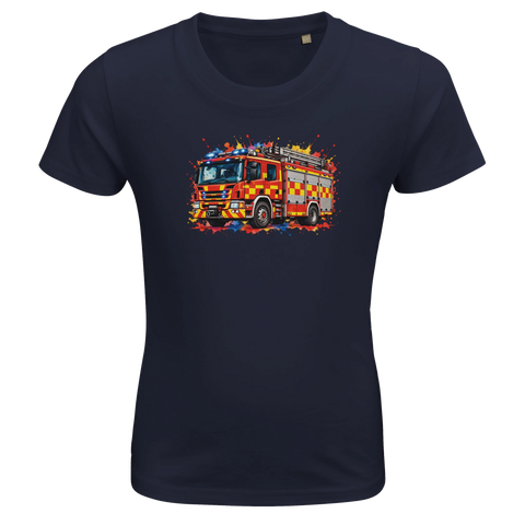 Marinblå barn-t-shirt med en brandbil och färgstänk