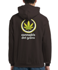 Mörkbrun hoodie med ett gult och vitt tryck av ett cannabisblad i modern stil