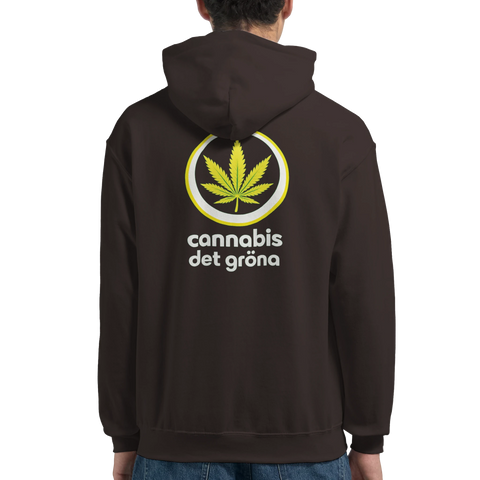 Mörkbrun hoodie med ett gult och vitt tryck av ett cannabisblad i modern stil