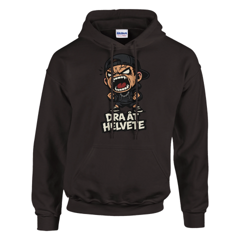 Mörkbrun luvtröja med ilsken illustrerad figur i keps och kaxigt budskap