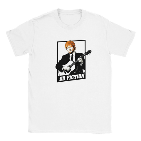 Vit t-shirt med satirisk illustration av musiker som filmkaraktär