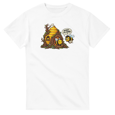 Charmigt bi-motiv med pratbubbla och honungstema – rolig illustration på t-shirt