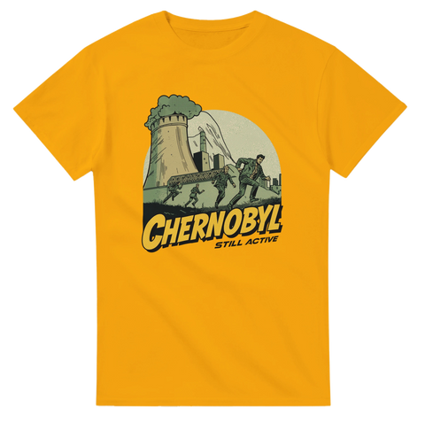 Vintage inspirerat Chernobyl motiv med rökande skorsten på gul t-shirt