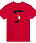 Fiskedrag och texten "Bakom Flötet" på en t-shirt
