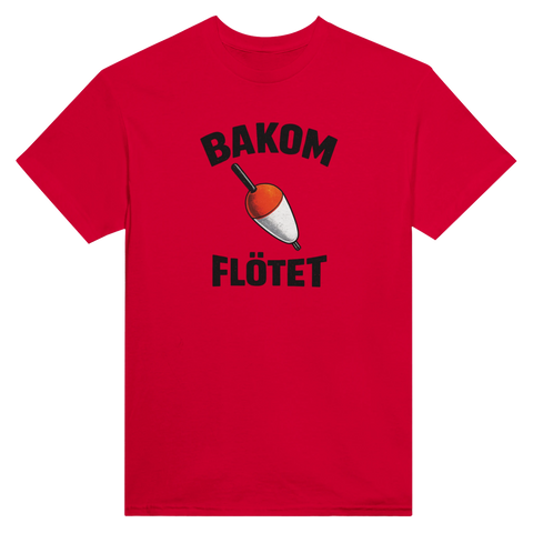 Fiskedrag och texten "Bakom Flötet" på en t-shirt