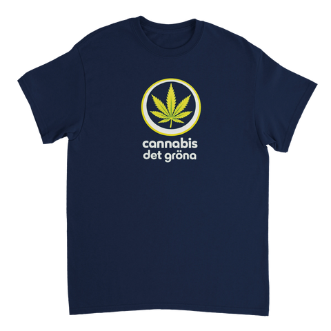 Satiriskt motiv med cannabisblad och politisk ordvits – grafisk t-shirt