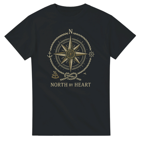 Svart t-shirt med tryck av en antik kompassros omgiven av rep och ankare i guldgul vintage-stil.