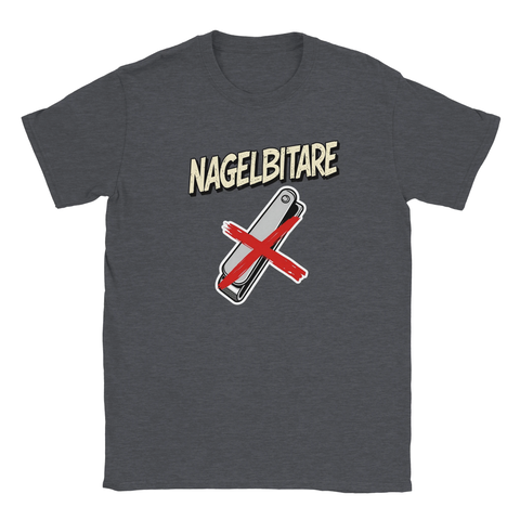 Mörkgrå t-shirt med satirisk textdesign för stolta nagelbitare