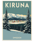 Retro travel poster av Kiruna med snöiga fjäll och vinterlandskap