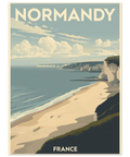 Illustration av Normandies kust med sandstrand, vita klippor och blått hav i retro travel-stil med texten Normandy.