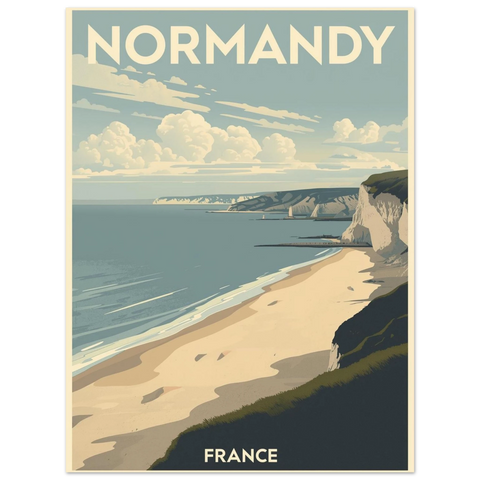 Illustration av Normandies kust med sandstrand, vita klippor och blått hav i retro travel-stil med texten Normandy.