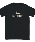 Svart t-shirt med ett spetsigt och satiriskt statement-tryck i vitt