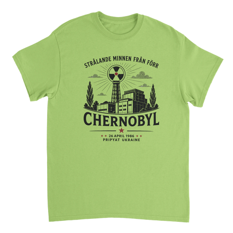 Grafiskt motiv av reaktor 4 med texten Strålande minnen på limegrön t-shirt