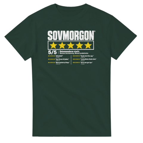 Roligt motiv med fem gula stjärnor och texten Sovmorgon på mörkgrön t-shirt