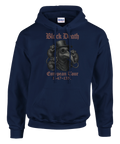 Pestdoktor med råttor, text "Black Death European Tour 1347-1351" på marinblå hoodie.