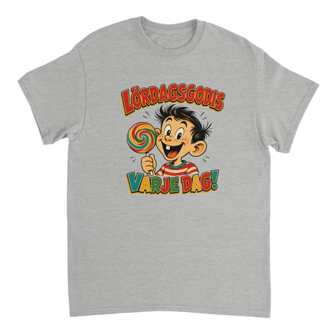 Nostalgisk godisreklam som motiv – lekfull t-shirt med citat