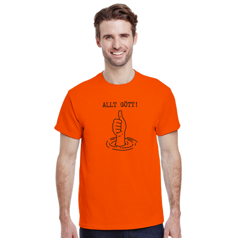 Allt gött!" t-shirt med tumme upp-motiv i vatten, orange färg.