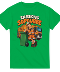Klassisk illustration av en glad sopgubbe vid återvinningstunna – grön t-shirt