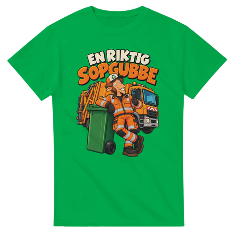 Klassisk illustration av en glad sopgubbe vid återvinningstunna – grön t-shirt
