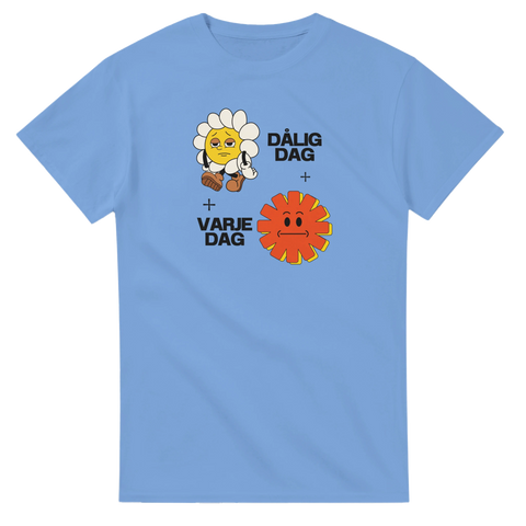 Humoristisk t-shirt med retrokaraktärer och text – blå t-shirt med grafiskt tryck