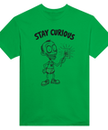 Grön t-shirt med provokativ retro-illustration och texten Stay Curious
