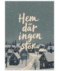 Illustration av små snötäckta hus under en mörk stjärnhimmel med texten Hem är där ingen stör i vitt.