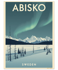 Retro travel poster av Abisko med norrsken över snöklädda fjäll