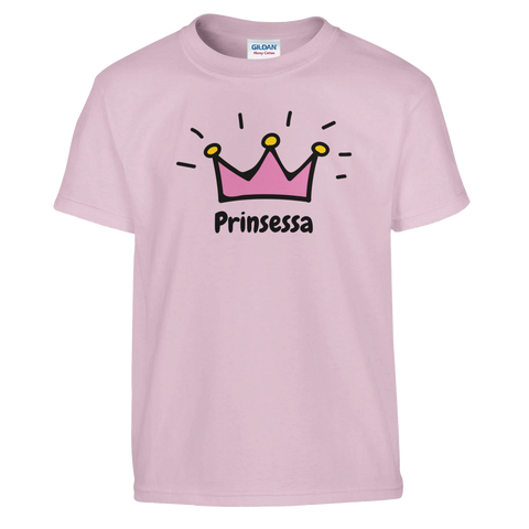 Grafiskt tryck med en lekfull krona och text – ljusrosa t-shirt barn