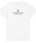 Marinblått fyr-emblem med texten Torekov Coastal Club – vit t-shirt