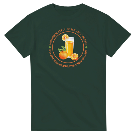 Illustration av apelsiner och juiceglas med roligt citat – mörkgrön t-shirt