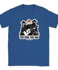 Ed Sheeran som Clint Eastwood-parodi med texten "THE GOOD, THE BAD AND THE ED" på blå t-shirt.