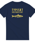 Grafiskt tryck med sill och texten Typiskt Västkustskt – marinblå t-shirt