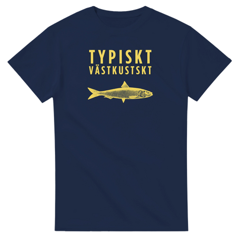 Grafiskt tryck med sill och texten Typiskt Västkustskt – marinblå t-shirt