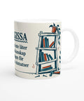 Retro illustration av en ranglig bokhylla och verktyg på mugg
