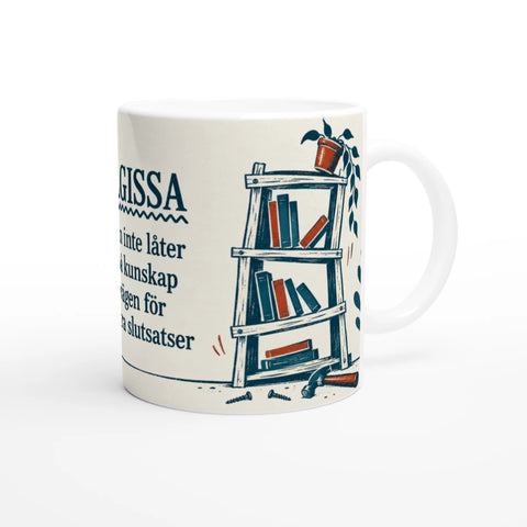 Retro illustration av en ranglig bokhylla och verktyg på mugg