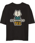 Svart t-shirt med lekfullt kattmotiv och grafisk textdesign i retrostil