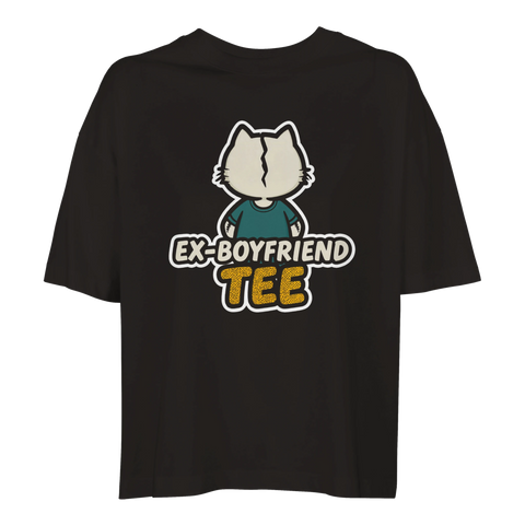 Svart t-shirt med lekfullt kattmotiv och grafisk textdesign i retrostil