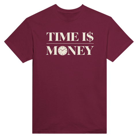 Vinröd t-shirt med texten Time is Money och en klocka i bokstaven O.