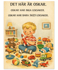 poster på barn som leker med leksaker och en text på barnets namn Oskar