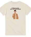 Beige t-shirt med satiriskt tryck och grafisk gubbe i avslappnad stil